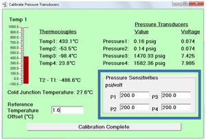Figure 4: a screenshot from the VSP2 control software after the "Calibrate Temperature and Pressure" button is selected on the main page. The "Pressure Sensitivities" box is where the psi/volt needs to be input.